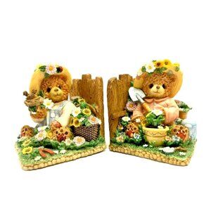 Vintage Teddy Bear Bookends Set of 2 Garden Flowers Resin Decorative Cottagecore